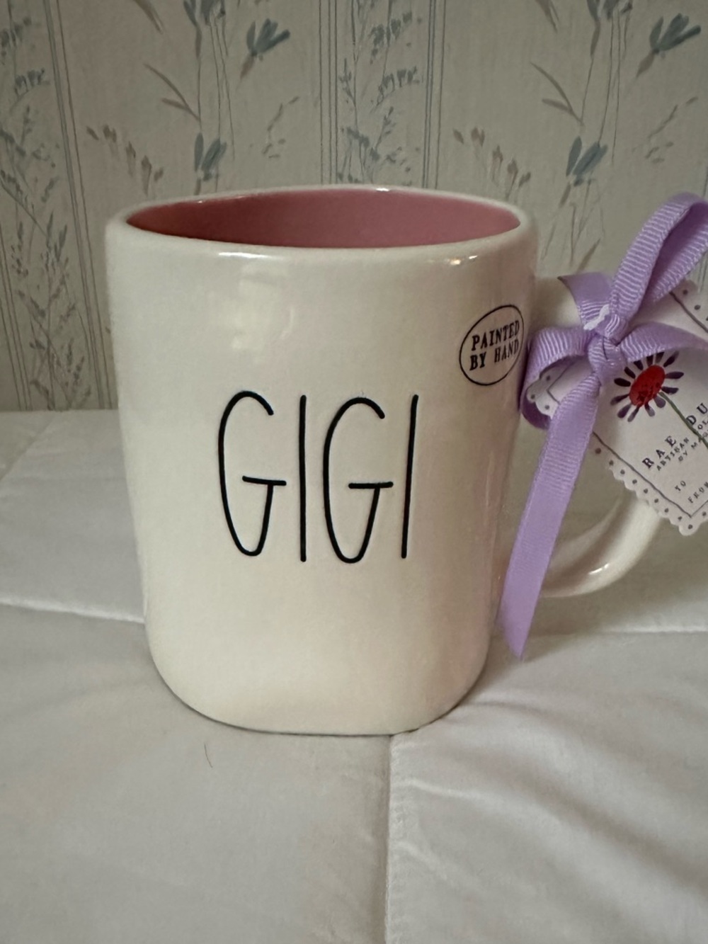 Rae Dunn GIGI White Mug with Pink Interior